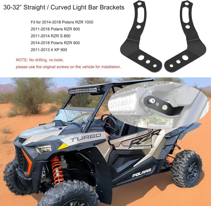 DarSeity 30"-32" Upper Roof Straight Curved Light Bar Mounting Brackets for Polaris RZR 800 900 1000, No Drilling Required (30-32inch Light Bracket) - Image 2